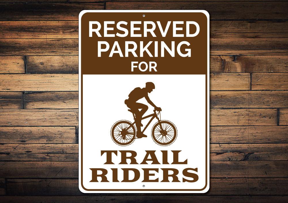 Trail Rider Parking Sign made of durable aluminum, featuring customizable text and pre-drilled holes for easy mounting.