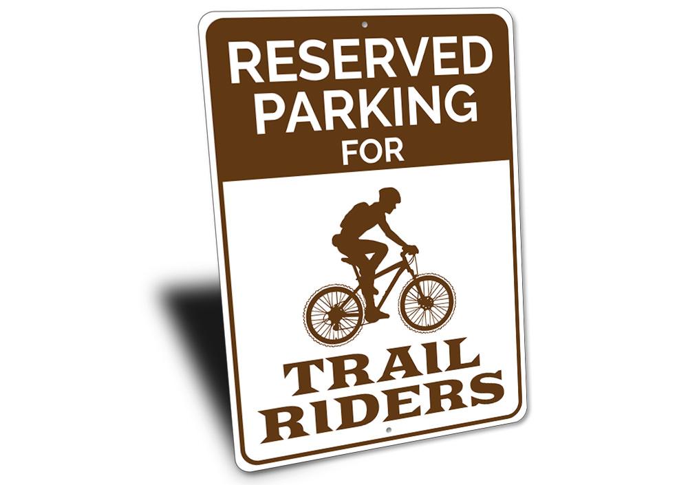 Trail Rider Parking Sign made of durable aluminum, featuring customizable text and pre-drilled holes for easy mounting.