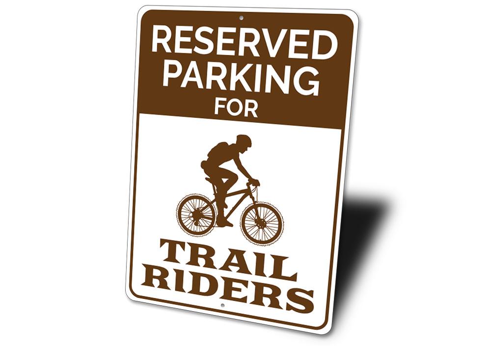 Trail Rider Parking Sign made of durable aluminum, featuring customizable text and pre-drilled holes for easy mounting.