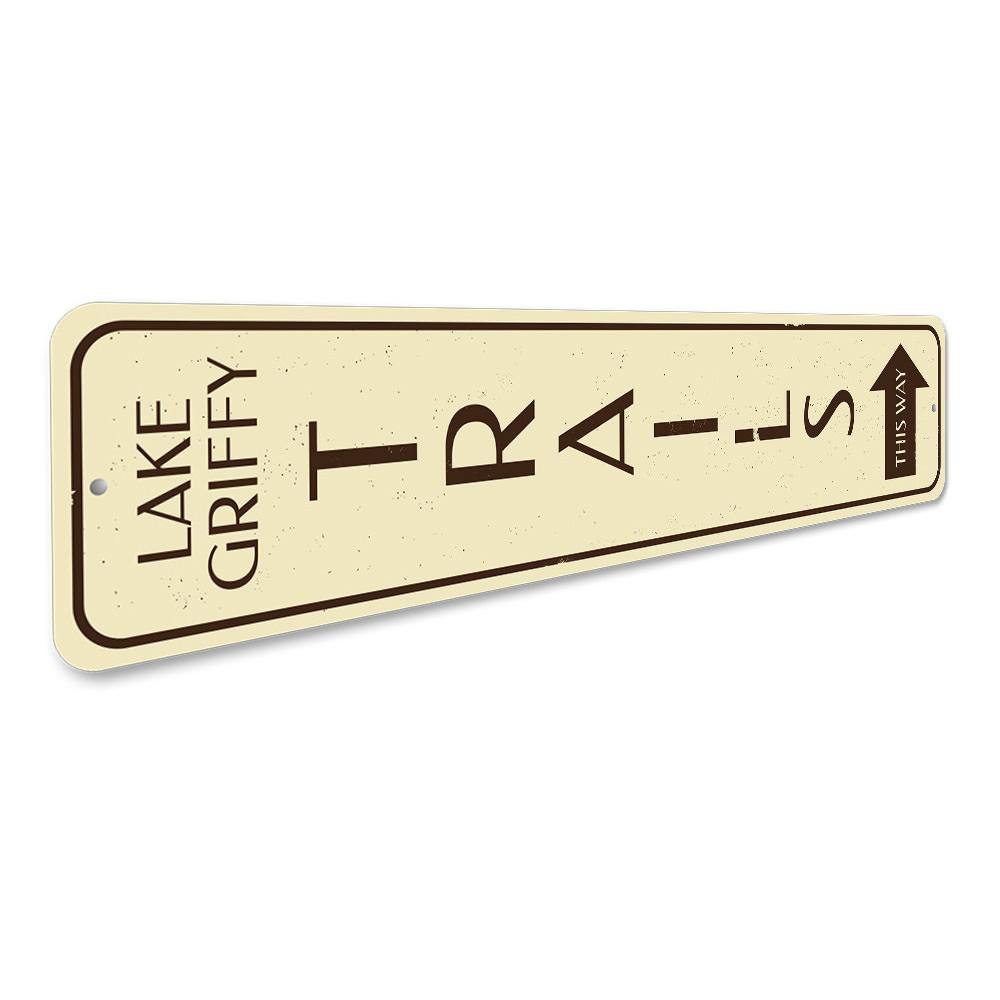 Trails This Way Vertical Sign made of high-quality aluminum, featuring a rustic design perfect for lakehouse decor.