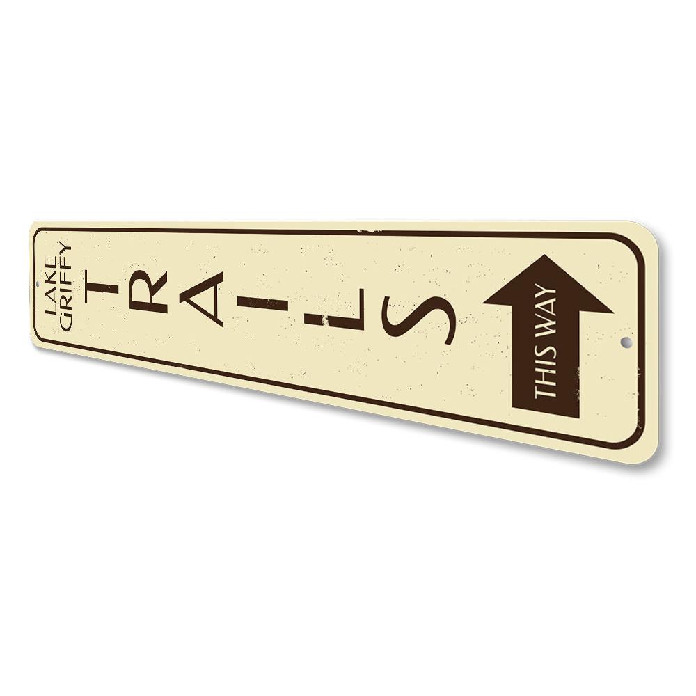 Trails This Way Vertical Sign made of high-quality aluminum, featuring a rustic design perfect for lakehouse decor.