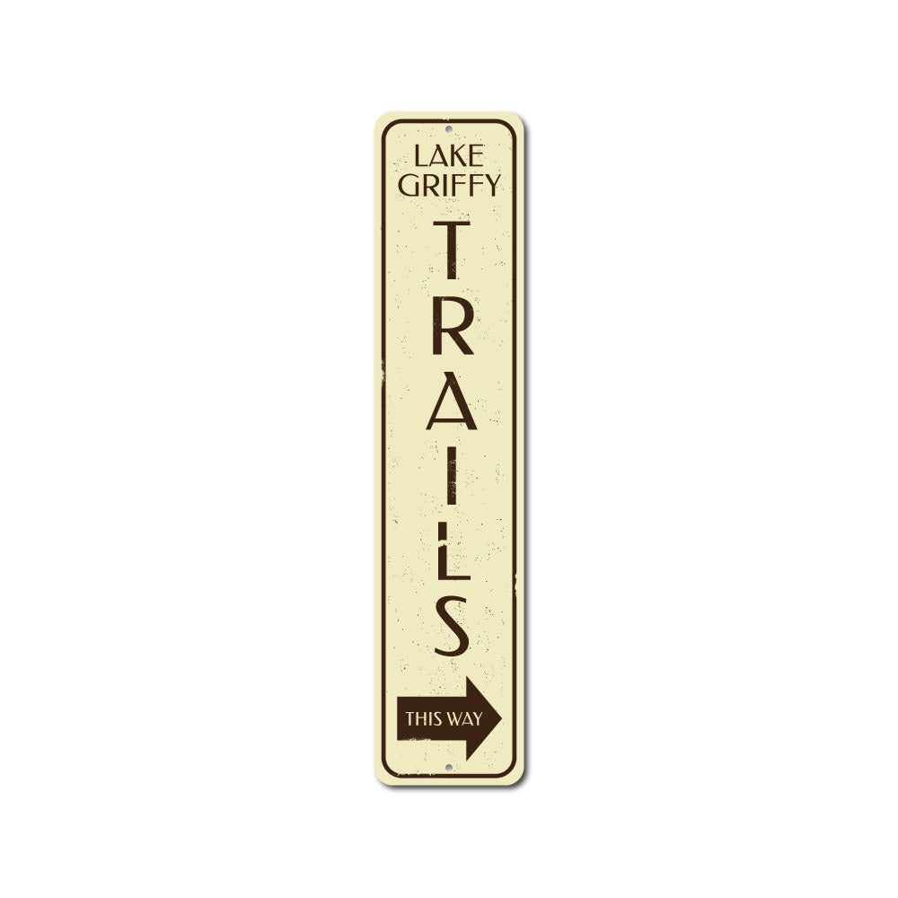 Trails This Way Vertical Sign made of high-quality aluminum, featuring a rustic design perfect for lakehouse decor.