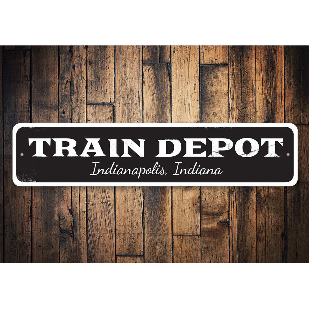 Customizable Train Depot Sign made of high-quality aluminum, featuring pre-drilled holes for easy mounting.