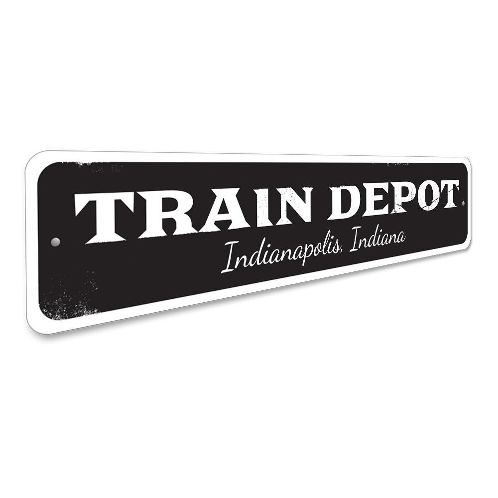 Customizable Train Depot Sign made of high-quality aluminum, featuring pre-drilled holes for easy mounting.