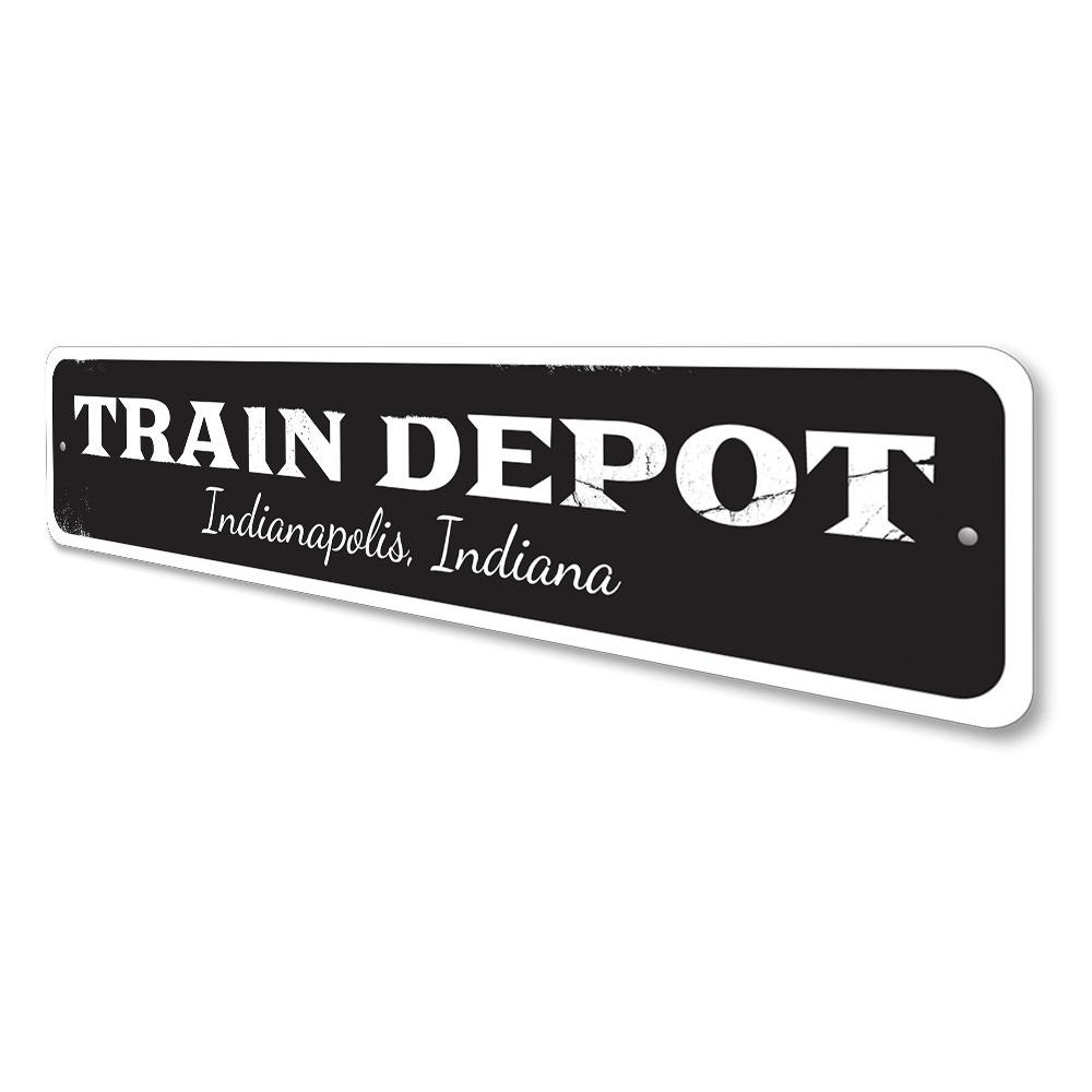 Customizable Train Depot Sign made of high-quality aluminum, featuring pre-drilled holes for easy mounting.