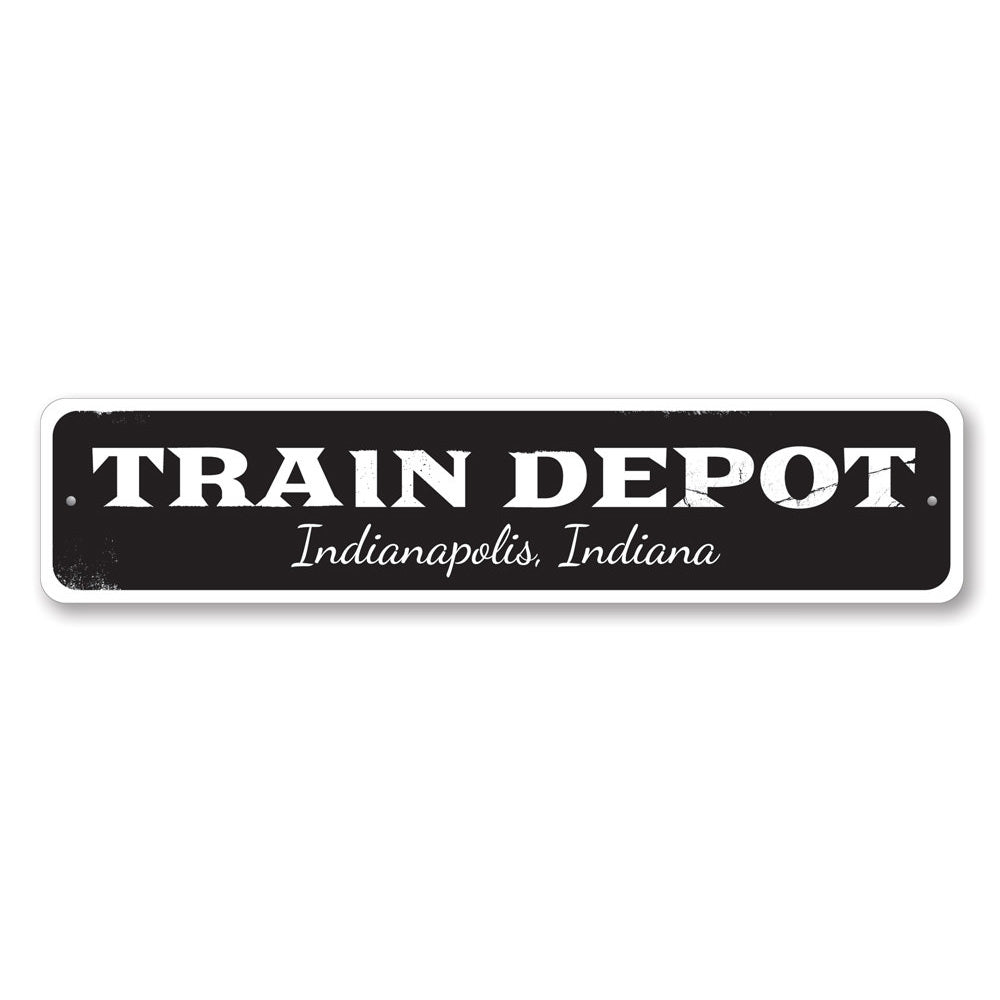 Customizable Train Depot Sign made of high-quality aluminum, featuring pre-drilled holes for easy mounting.