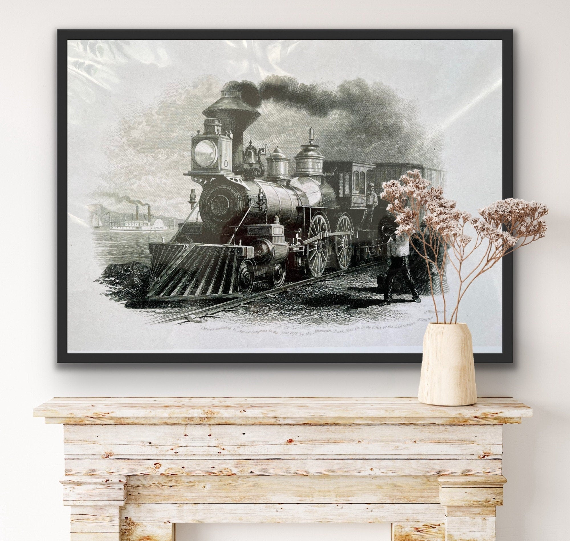 A classic black and white print of a train locomotive in action, showcasing vintage rail travel.