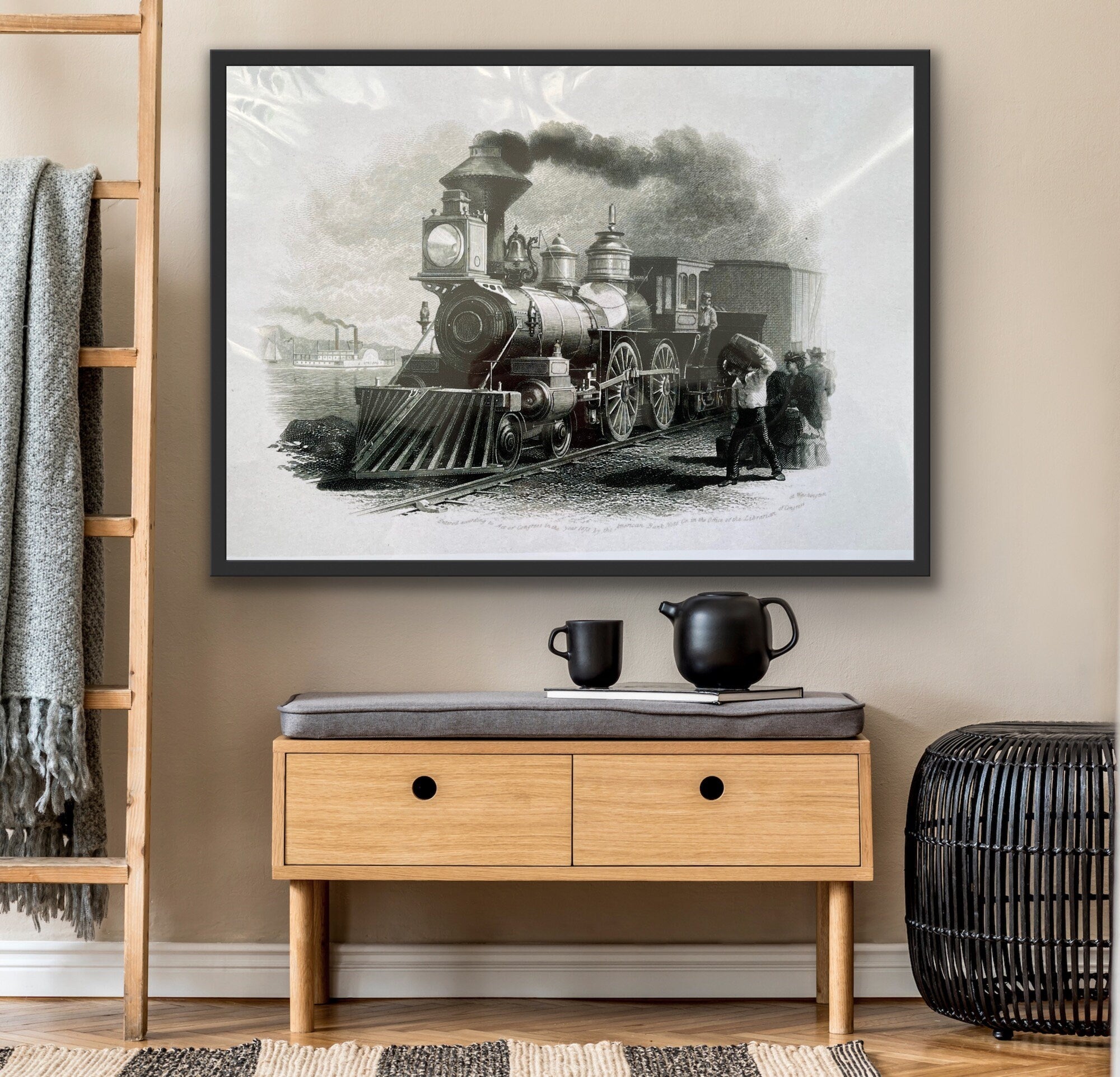 A classic black and white print of a train locomotive in action, showcasing vintage rail travel.