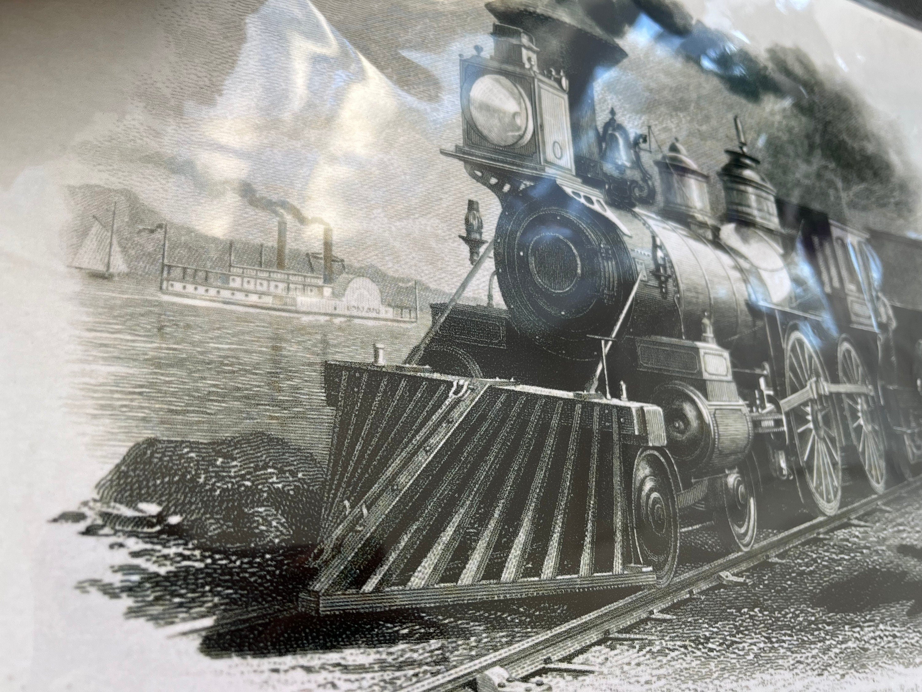 A classic black and white print of a train locomotive in action, showcasing vintage rail travel.