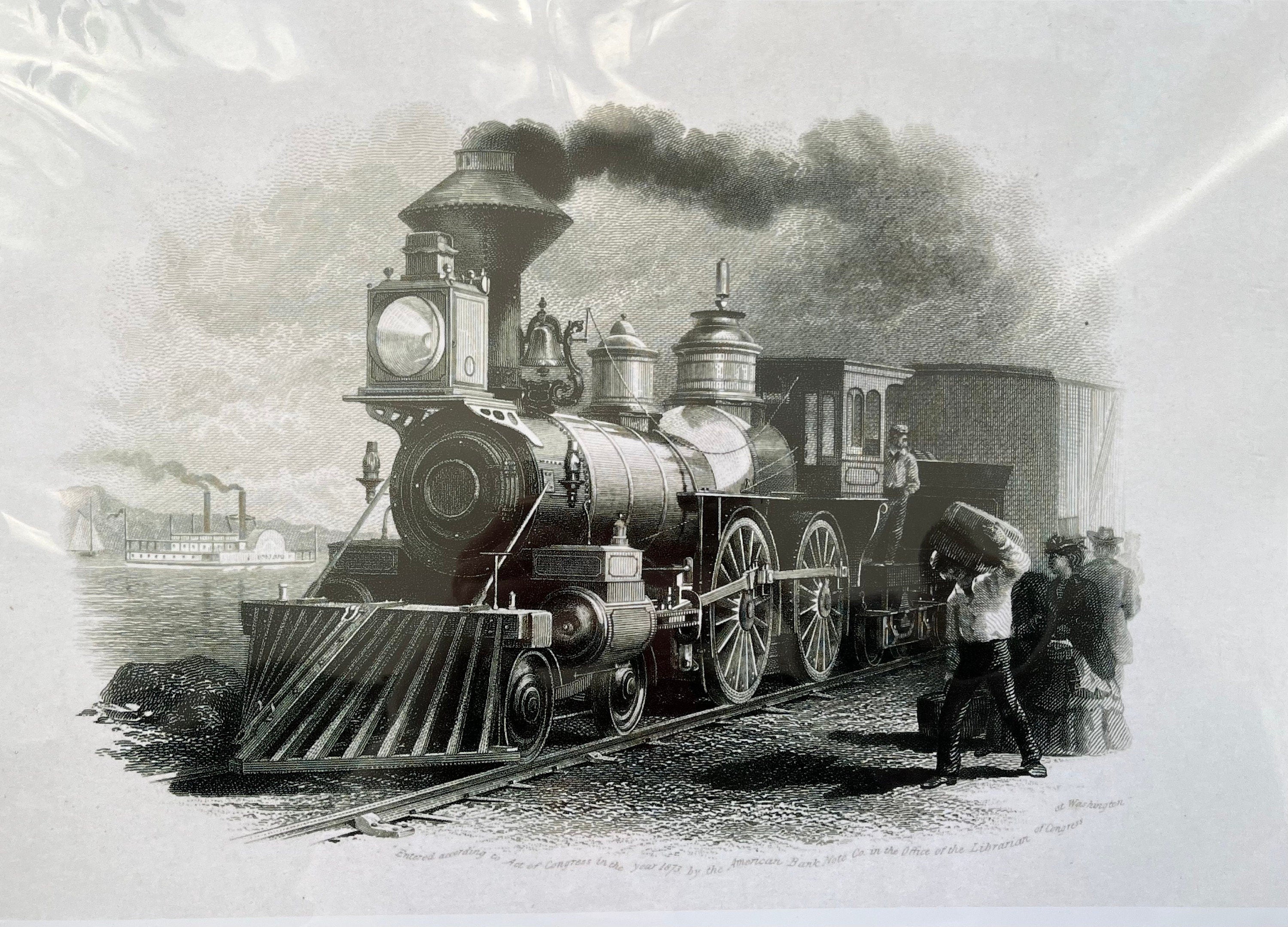 A classic black and white print of a train locomotive in action, showcasing vintage rail travel.