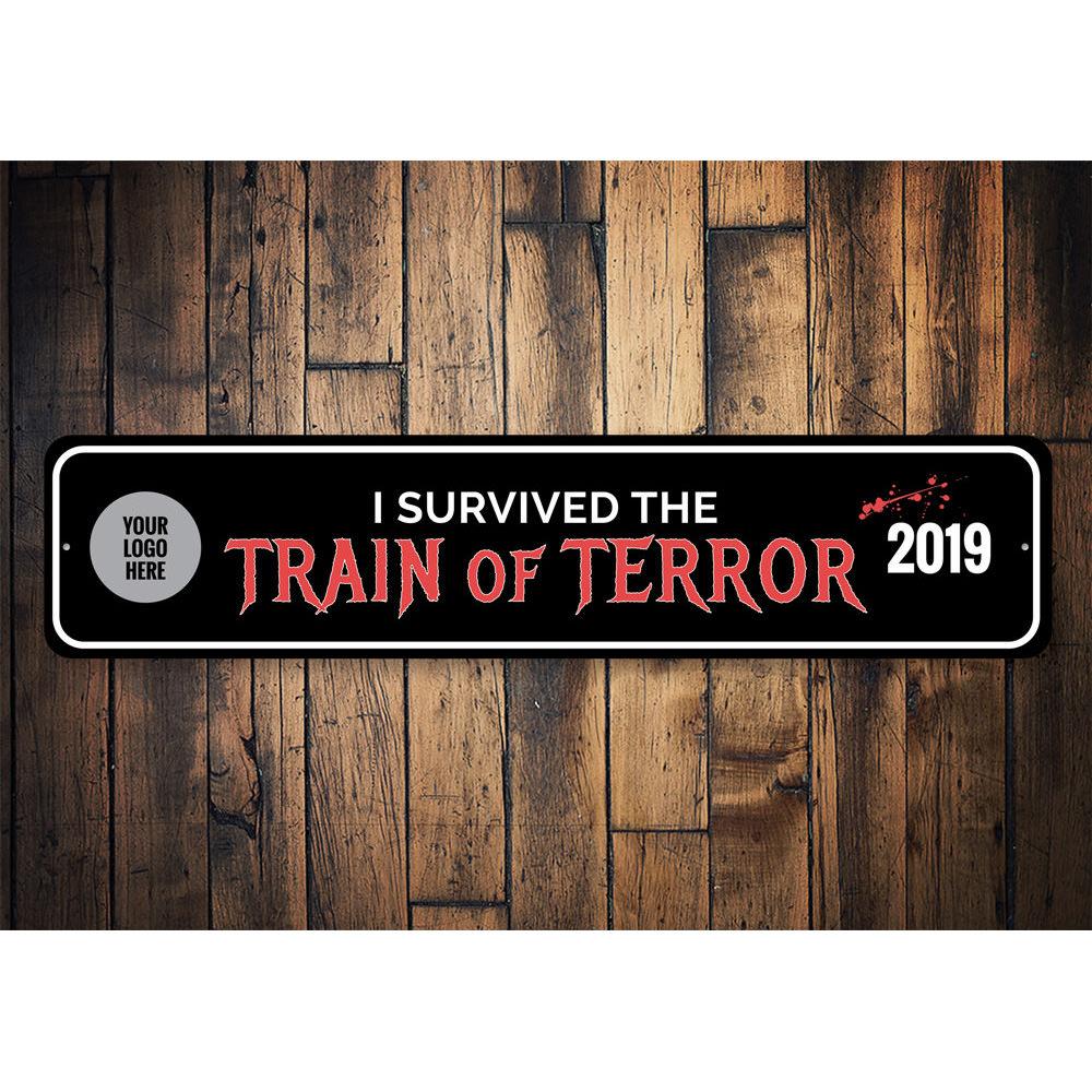 Train of Terror Sign featuring spooky Halloween design, made of durable aluminum with pre-drilled holes for easy mounting.