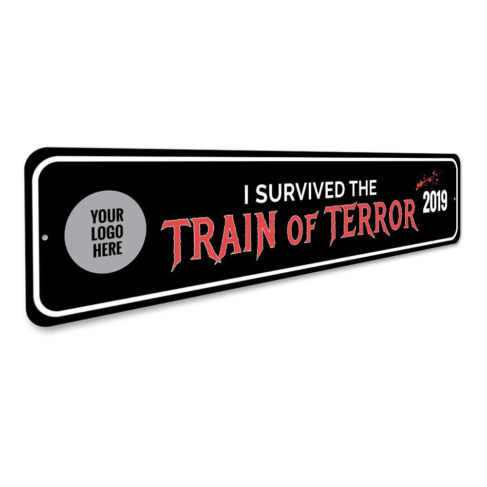 Train of Terror Sign featuring spooky Halloween design, made of durable aluminum with pre-drilled holes for easy mounting.