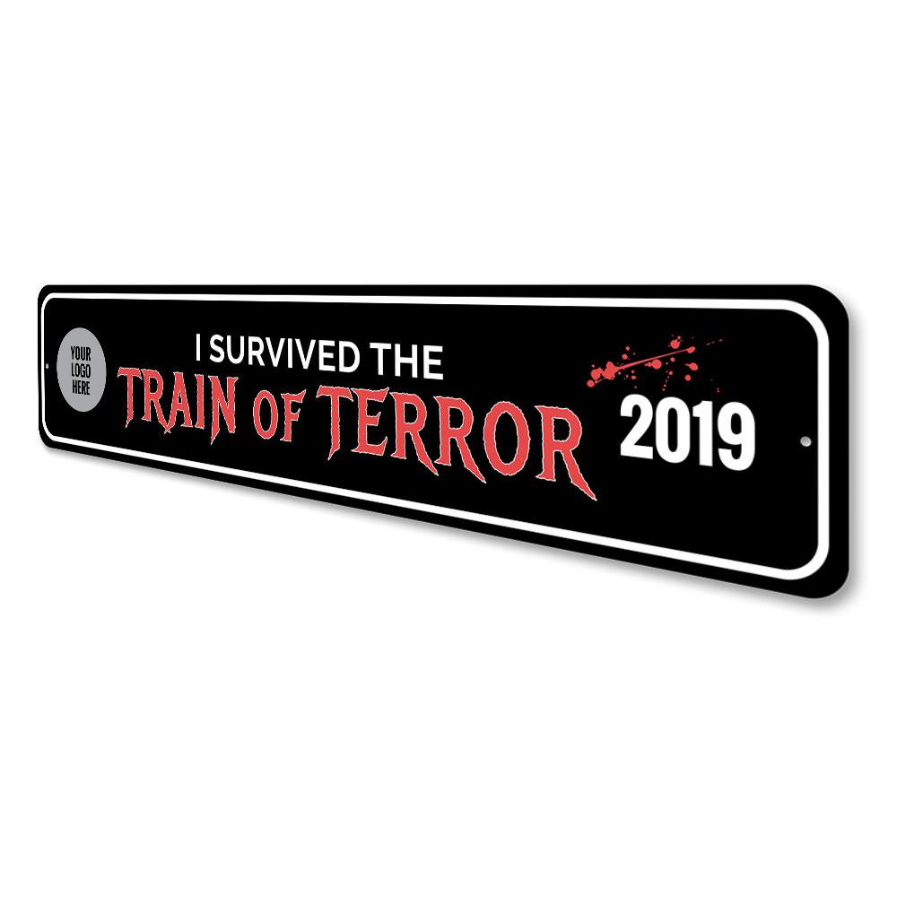 Train of Terror Sign featuring spooky Halloween design, made of durable aluminum with pre-drilled holes for easy mounting.