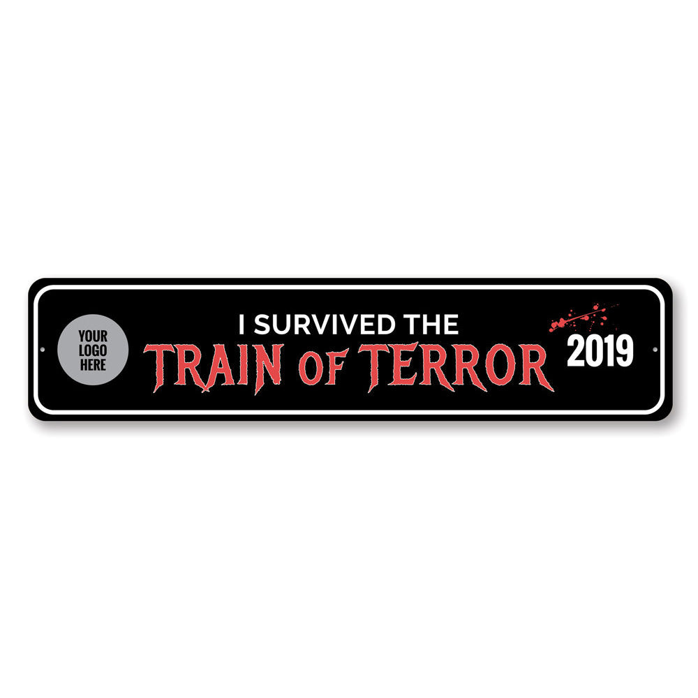 Train of Terror Sign featuring spooky Halloween design, made of durable aluminum with pre-drilled holes for easy mounting.