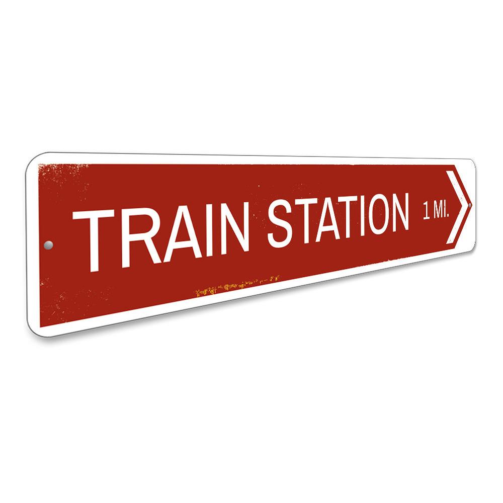 Train Station Arrow Sign made of high-quality aluminum, featuring customizable text and pre-drilled holes for easy mounting.