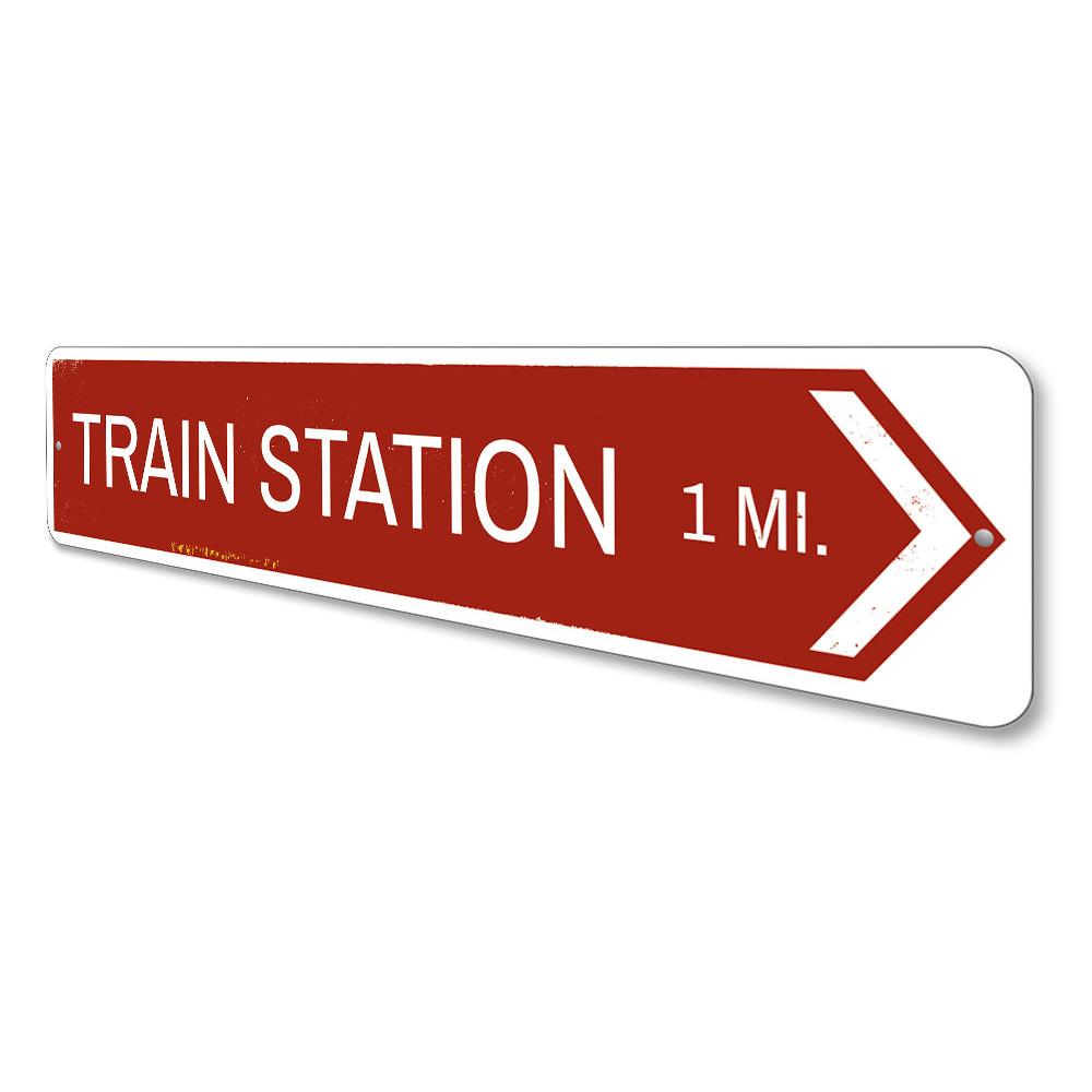 Train Station Arrow Sign made of high-quality aluminum, featuring customizable text and pre-drilled holes for easy mounting.