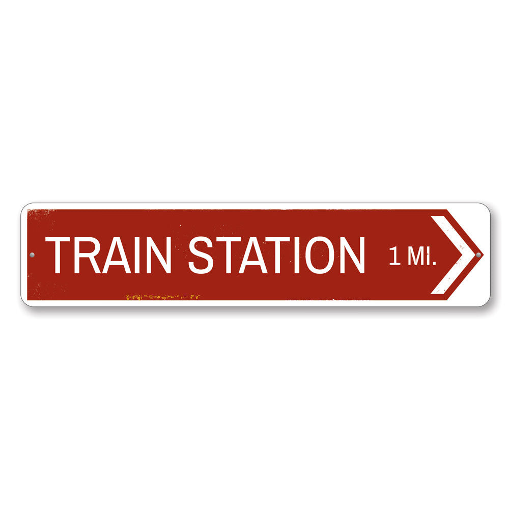 Train Station Arrow Sign made of high-quality aluminum, featuring customizable text and pre-drilled holes for easy mounting.