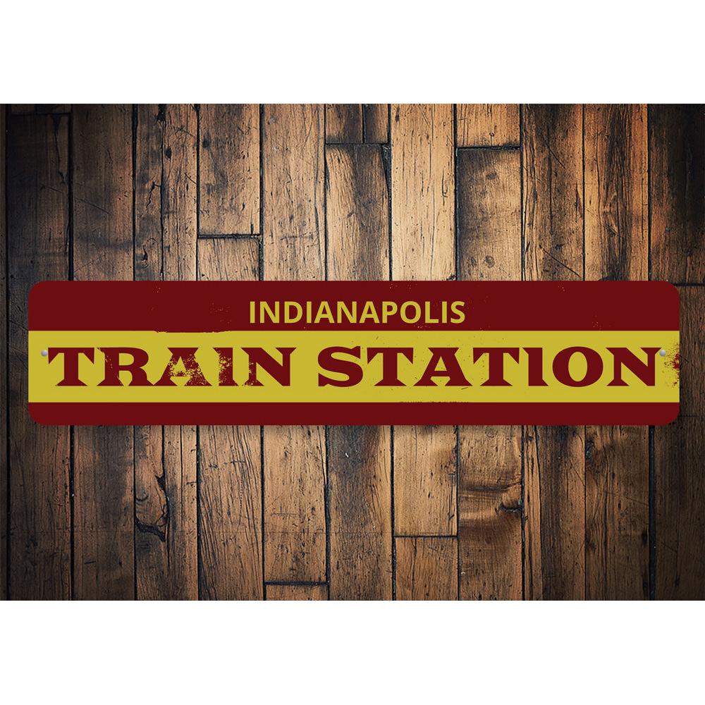 Train Station City Arrow Sign made of high-quality aluminum, featuring customizable text and pre-drilled holes for easy mounting.