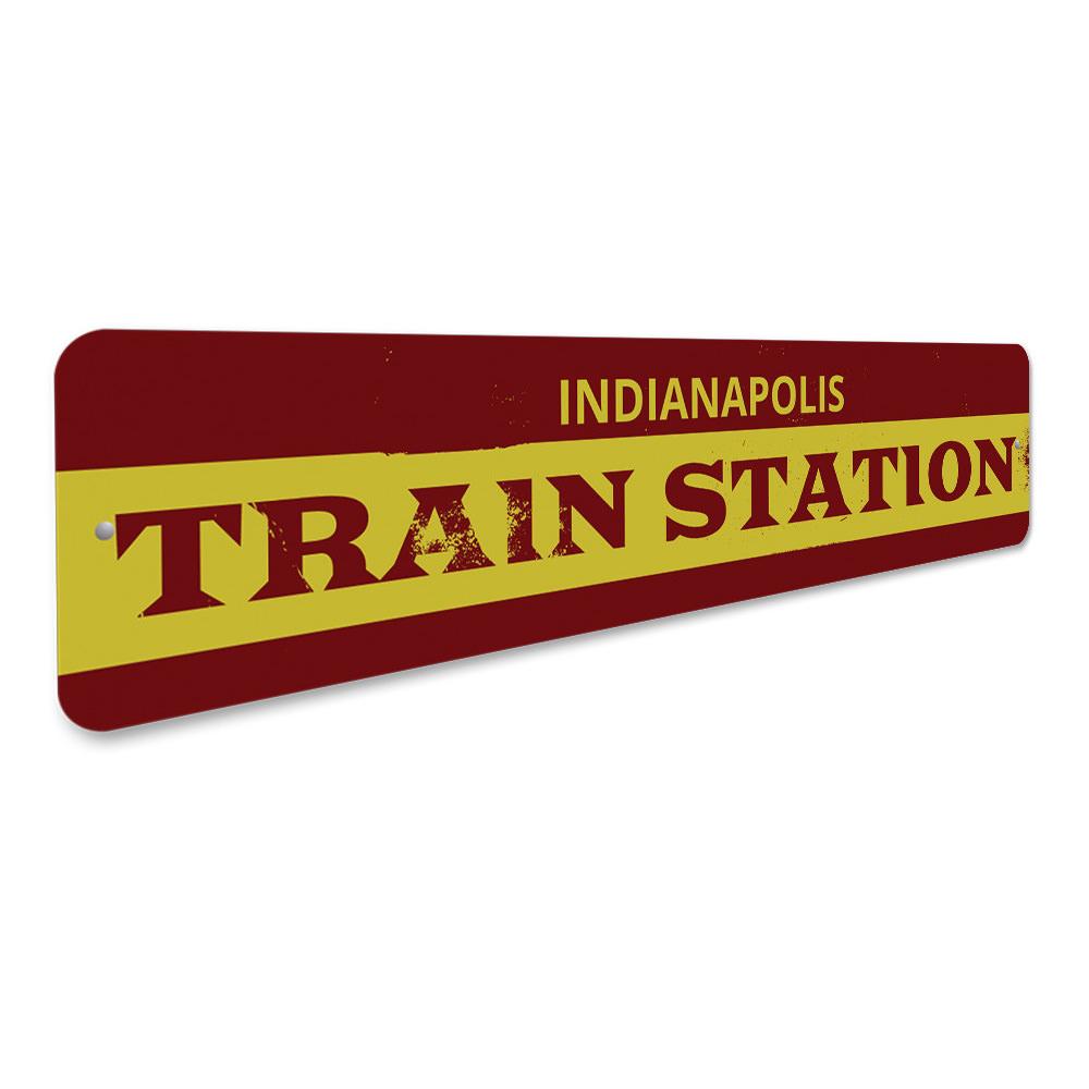 Train Station City Arrow Sign made of high-quality aluminum, featuring customizable text and pre-drilled holes for easy mounting.