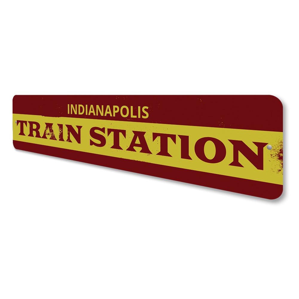 Train Station City Arrow Sign made of high-quality aluminum, featuring customizable text and pre-drilled holes for easy mounting.