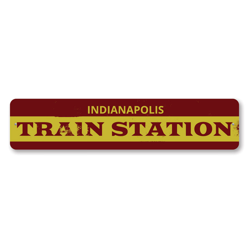 Train Station City Arrow Sign made of high-quality aluminum, featuring customizable text and pre-drilled holes for easy mounting.