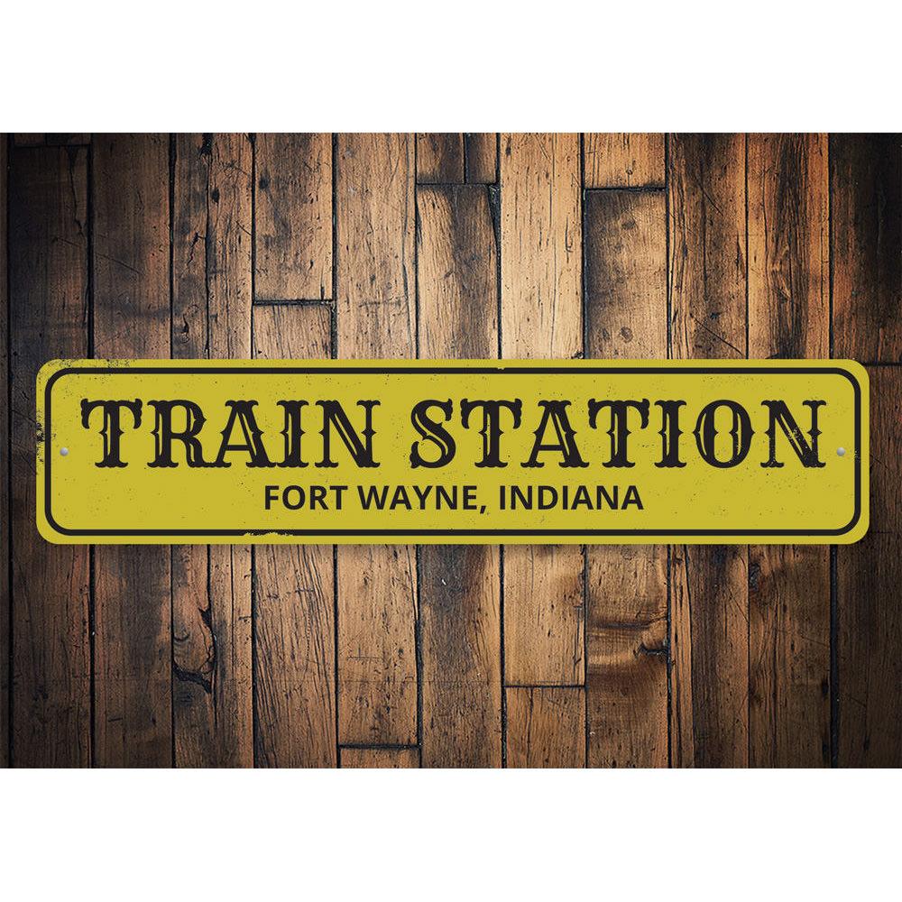 Customizable Train Station City State Sign made of high-quality aluminum, featuring pre-drilled holes for easy mounting.