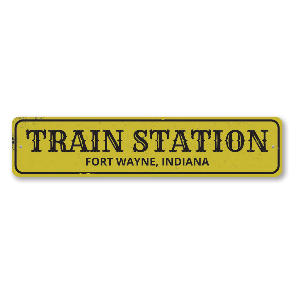 Customizable Train Station City State Sign made of high-quality aluminum, featuring pre-drilled holes for easy mounting.