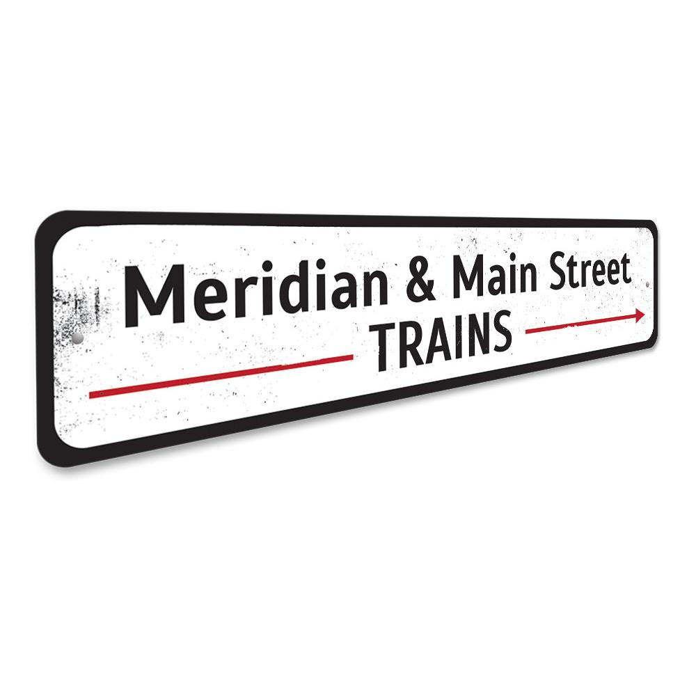 Train Station Intersection Sign made of durable aluminum, featuring customizable text and pre-drilled holes for easy mounting.