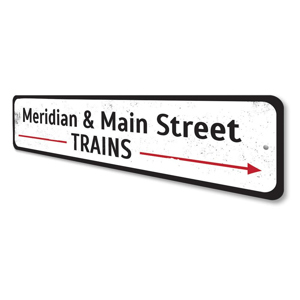 Train Station Intersection Sign made of durable aluminum, featuring customizable text and pre-drilled holes for easy mounting.