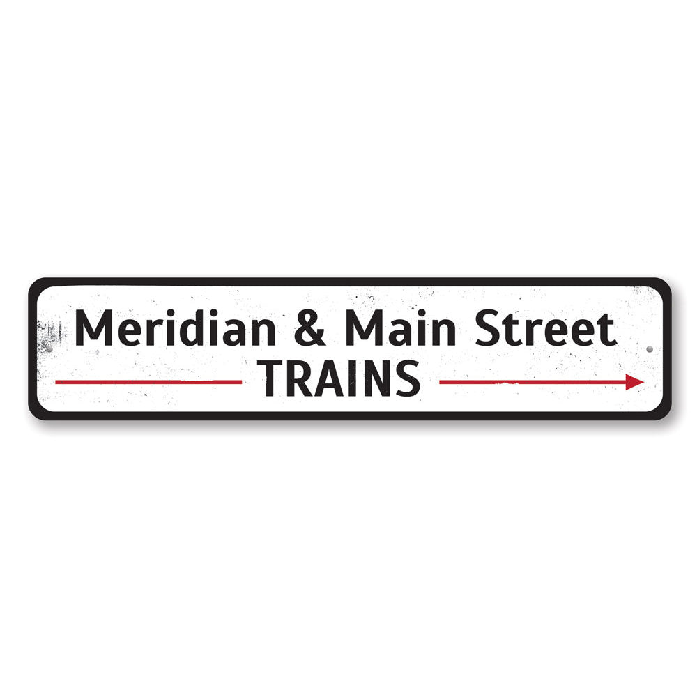 Train Station Intersection Sign made of durable aluminum, featuring customizable text and pre-drilled holes for easy mounting.