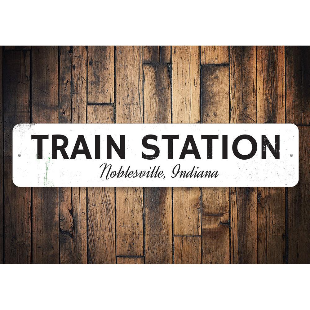 Customizable Train Station Sign made from high-quality aluminum, featuring pre-drilled holes for easy mounting.