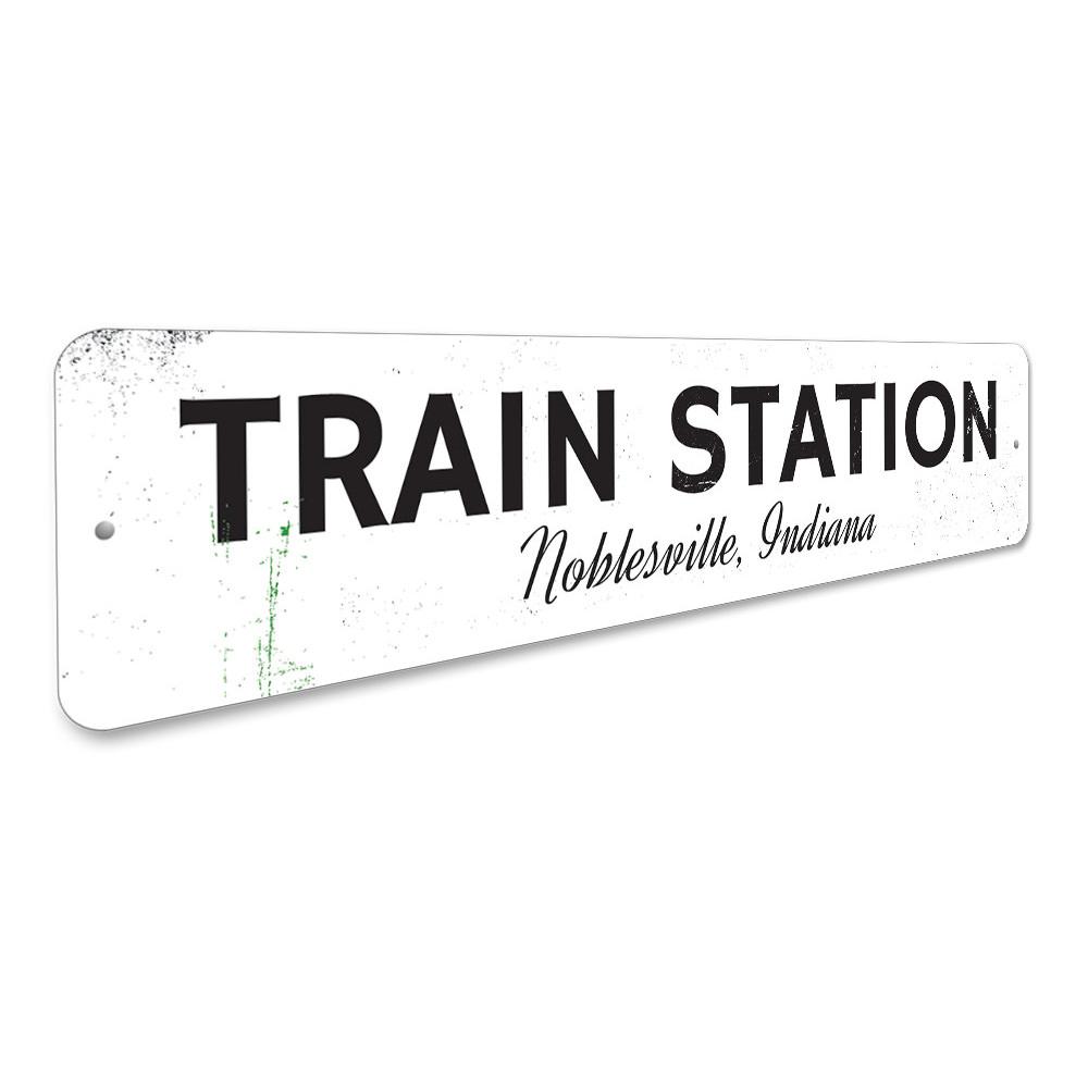 Customizable Train Station Sign made from high-quality aluminum, featuring pre-drilled holes for easy mounting.