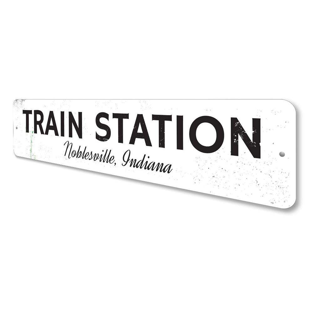 Customizable Train Station Sign made from high-quality aluminum, featuring pre-drilled holes for easy mounting.