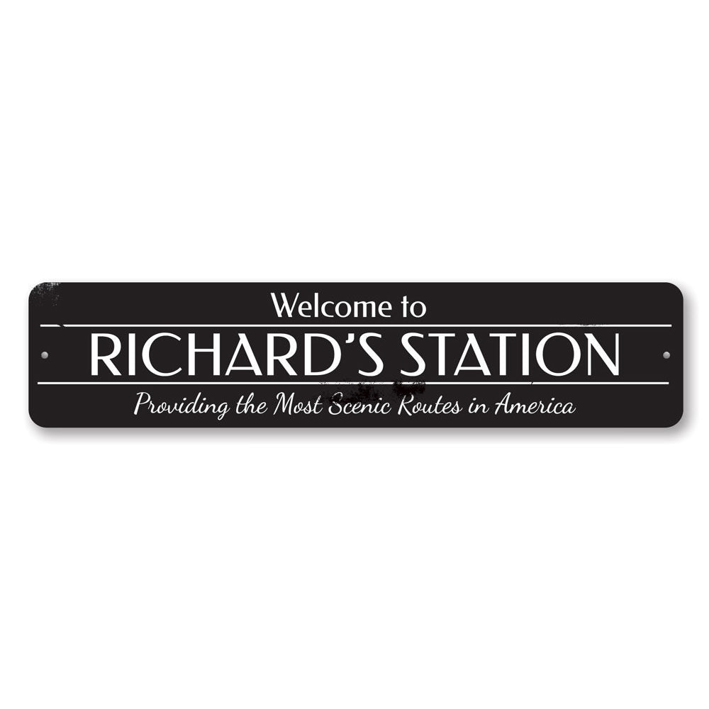 A decorative Train Station Welcome Sign made of high-quality aluminum, featuring customizable text options for a personal touch.