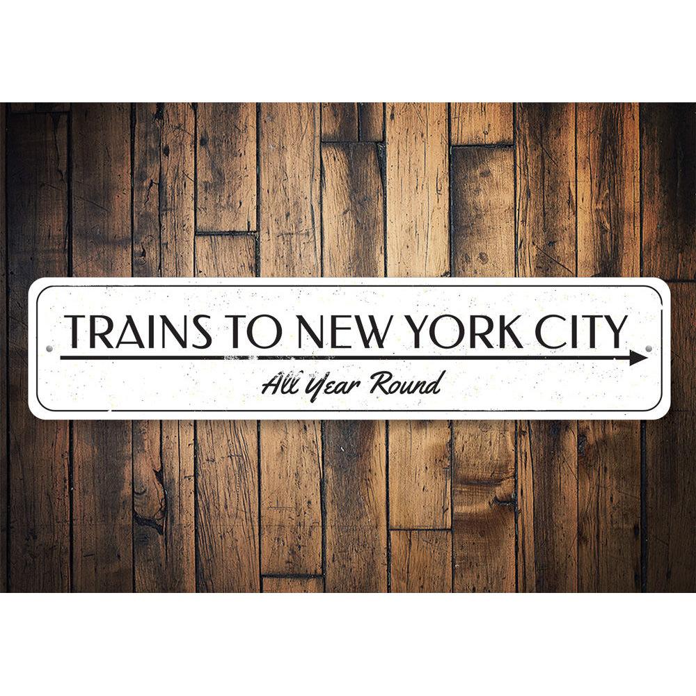 Trains Year Round Sign made of high-quality aluminum, featuring a vibrant design perfect for home decor.