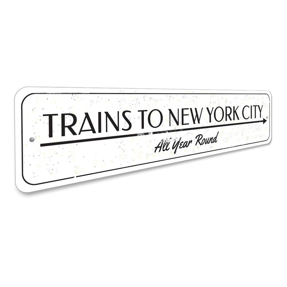 Trains Year Round Sign made of high-quality aluminum, featuring a vibrant design perfect for home decor.