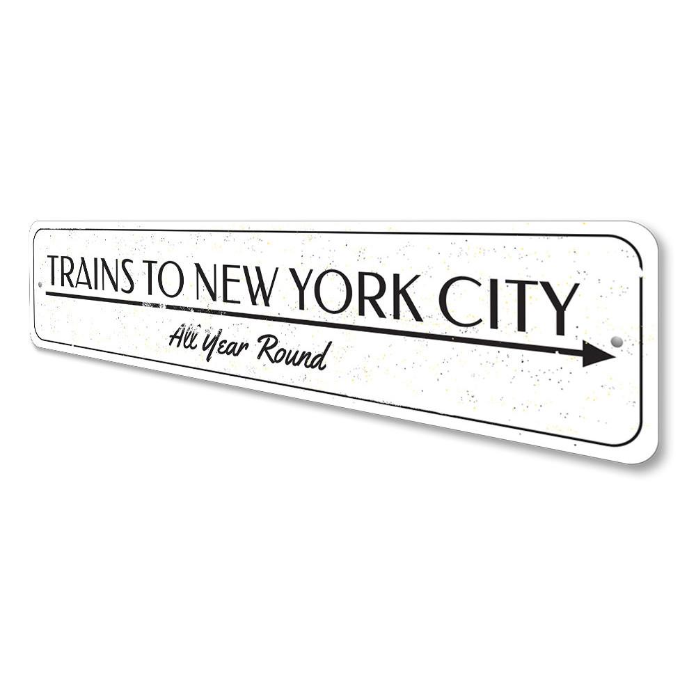 Trains Year Round Sign made of high-quality aluminum, featuring a vibrant design perfect for home decor.