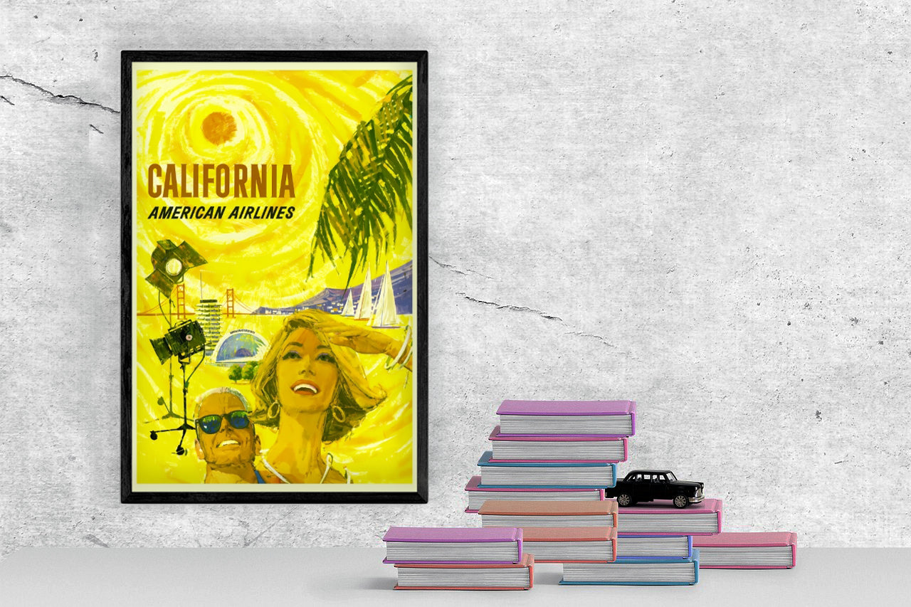 Travel California via American Airlines Remastered Poster Print framed in a solid MDF wood frame, showcasing vibrant colors and a matte finish.