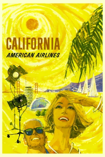 Travel California via American Airlines Remastered Poster Print framed in a solid MDF wood frame, showcasing vibrant colors and a matte finish.