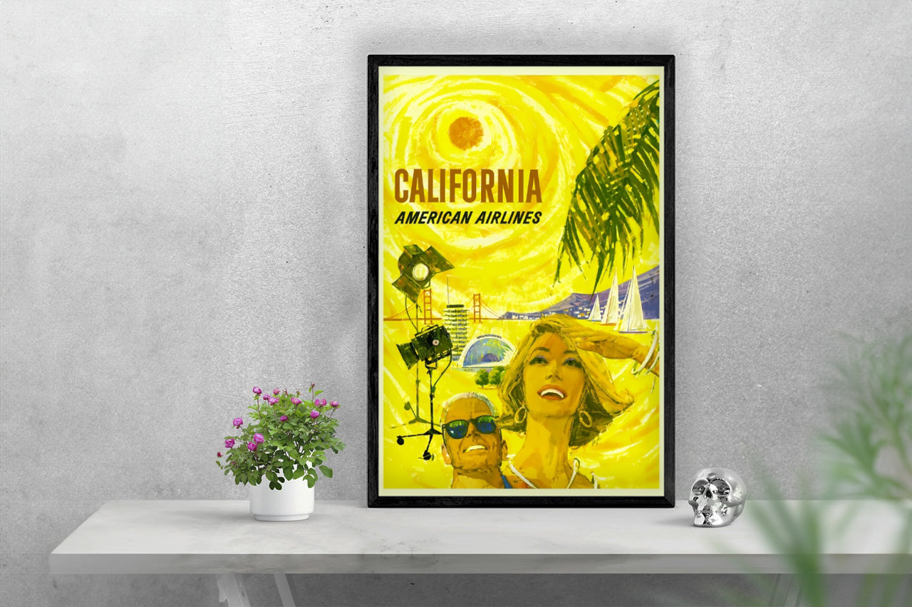 Travel California via American Airlines Remastered Poster Print framed in a solid MDF wood frame, showcasing vibrant colors and a matte finish.