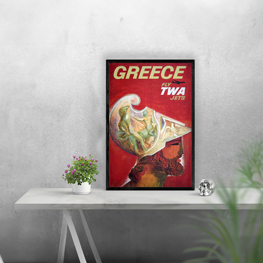 Travel Greece via TWA Remastered Poster Print framed in solid MDF wood, showcasing vibrant colors and a matte finish.