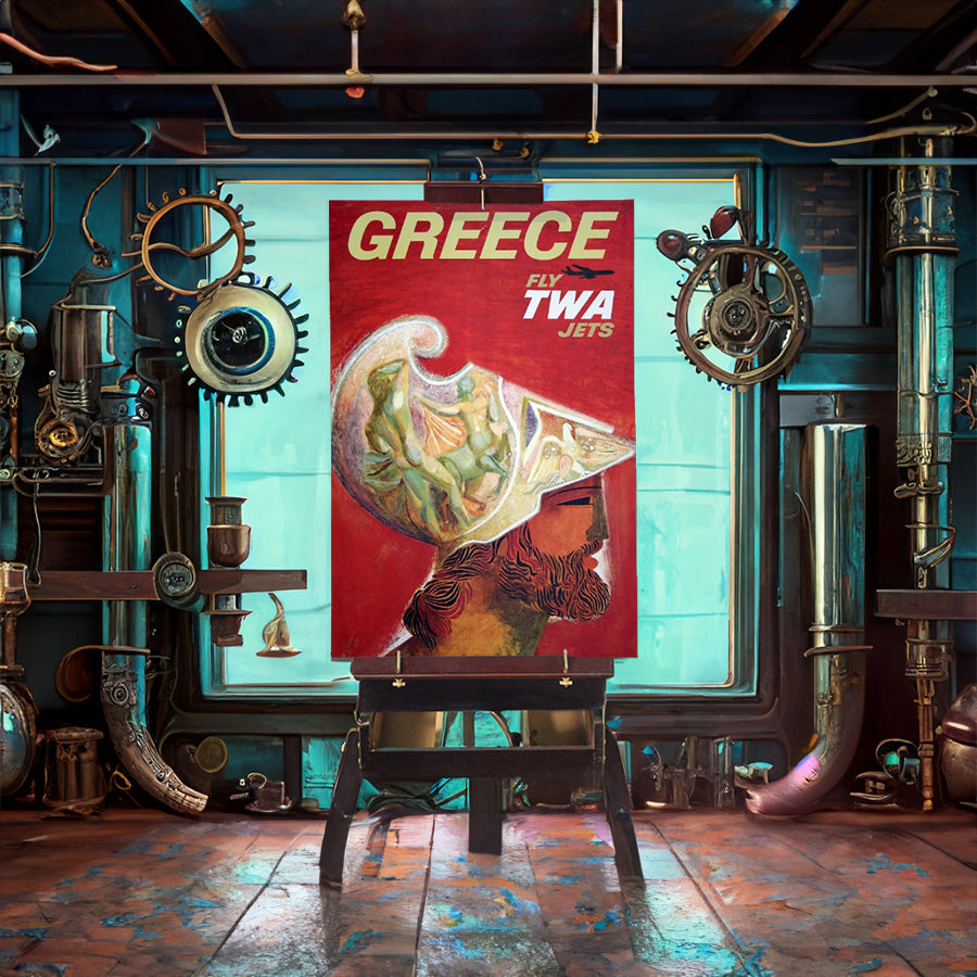 Travel Greece via TWA Remastered Poster Print framed in solid MDF wood, showcasing vibrant colors and a matte finish.