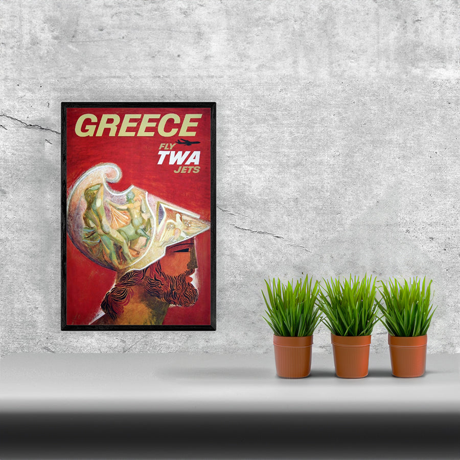 Travel Greece via TWA Remastered Poster Print framed in solid MDF wood, showcasing vibrant colors and a matte finish.