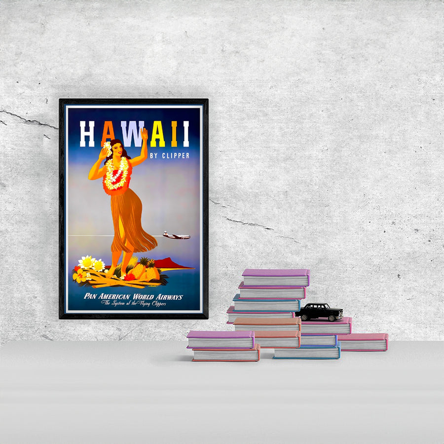 A vibrant remastered poster print showcasing Hawaii travel via Pan American Airways, framed in solid MDF wood.