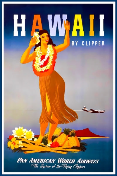 A vibrant remastered poster print showcasing Hawaii travel via Pan American Airways, framed in solid MDF wood.