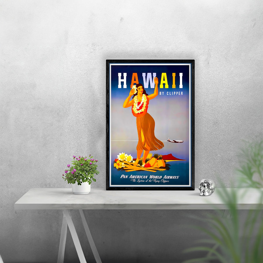 A vibrant remastered poster print showcasing Hawaii travel via Pan American Airways, framed in solid MDF wood.