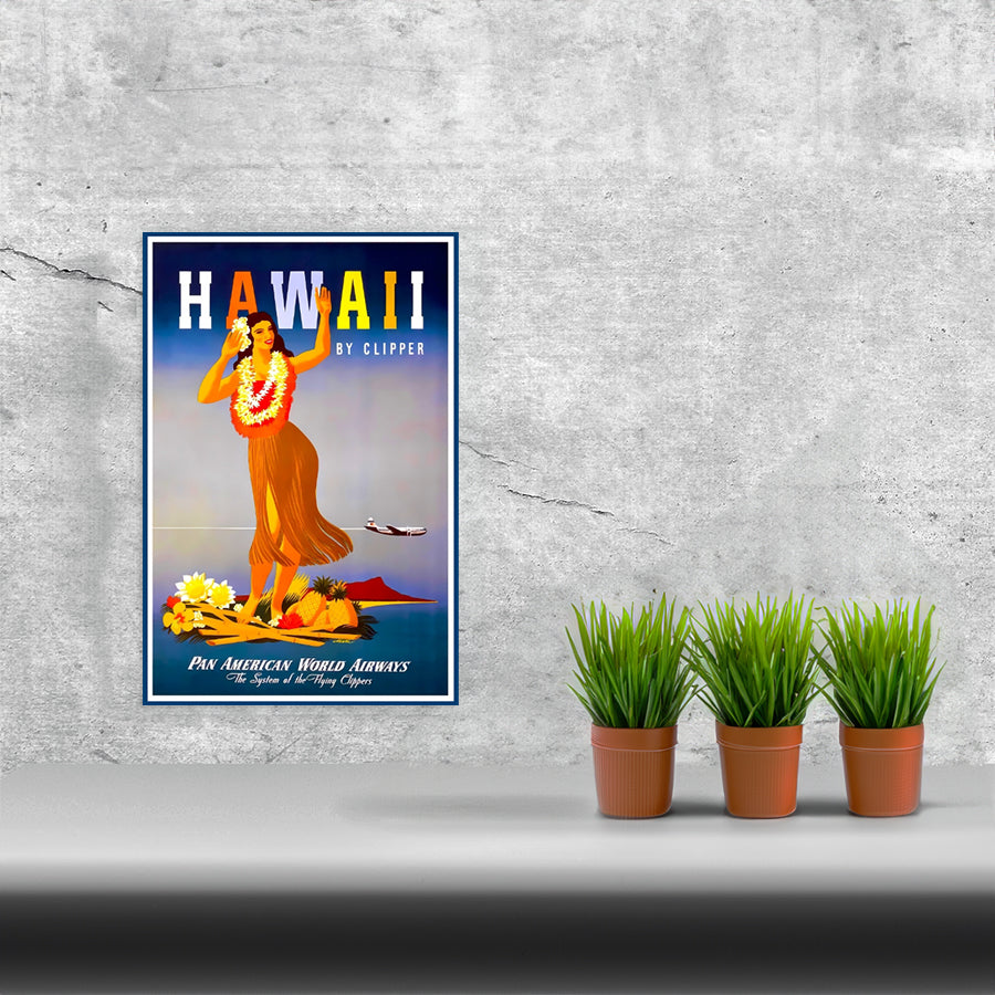 A vibrant remastered poster print showcasing Hawaii travel via Pan American Airways, framed in solid MDF wood.