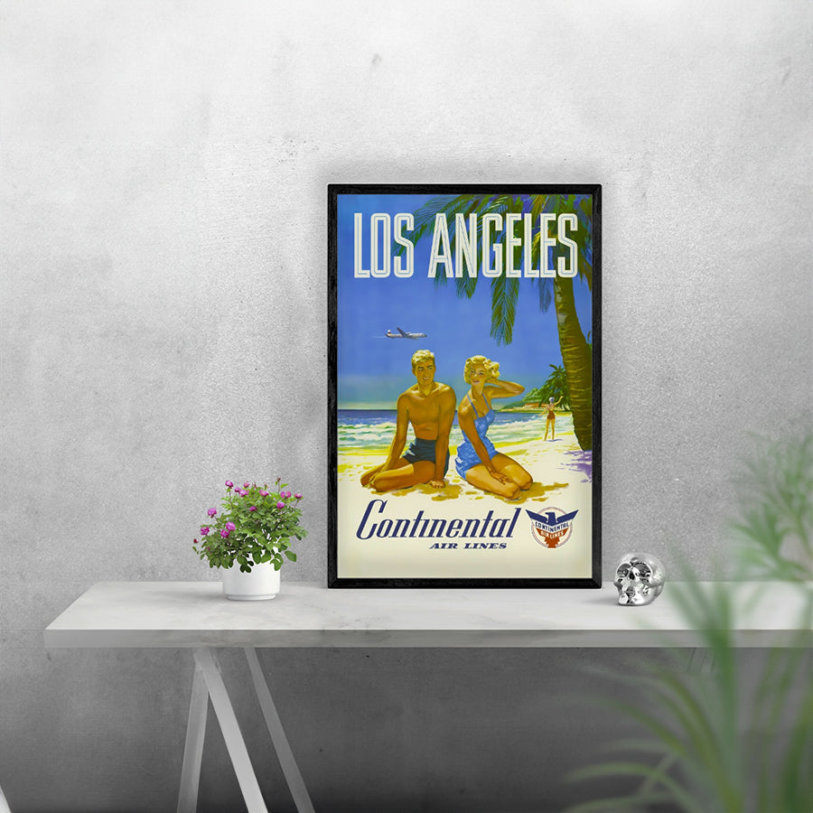 Travel Los Angeles Remastered Poster Print framed in a solid MDF wood frame, showcasing vibrant graphics and a matte finish.