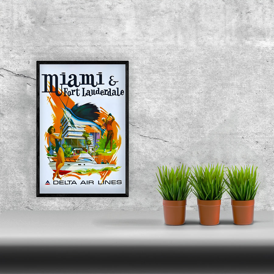 Travel Miami and Ft Lauderdale Delta Airlines Remastered Poster framed in a stylish MDF wood frame, showcasing vibrant colors and a matte finish.