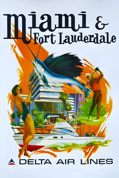 Travel Miami and Ft Lauderdale Delta Airlines Remastered Poster framed in a stylish MDF wood frame, showcasing vibrant colors and a matte finish.